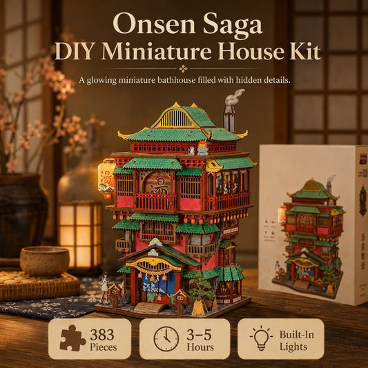 Onsen Saga DIY Miniature House Kit shown assembled on a wooden table with its retail box beside it. The kit features a detailed miniature Japanese-style bathhouse structure with red and green roofs, lit warm interior lights, and small decorative figures.
