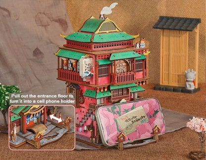 Japanese Bathhouse Onsen Saga DIY Miniature House Kit double as a phone holder