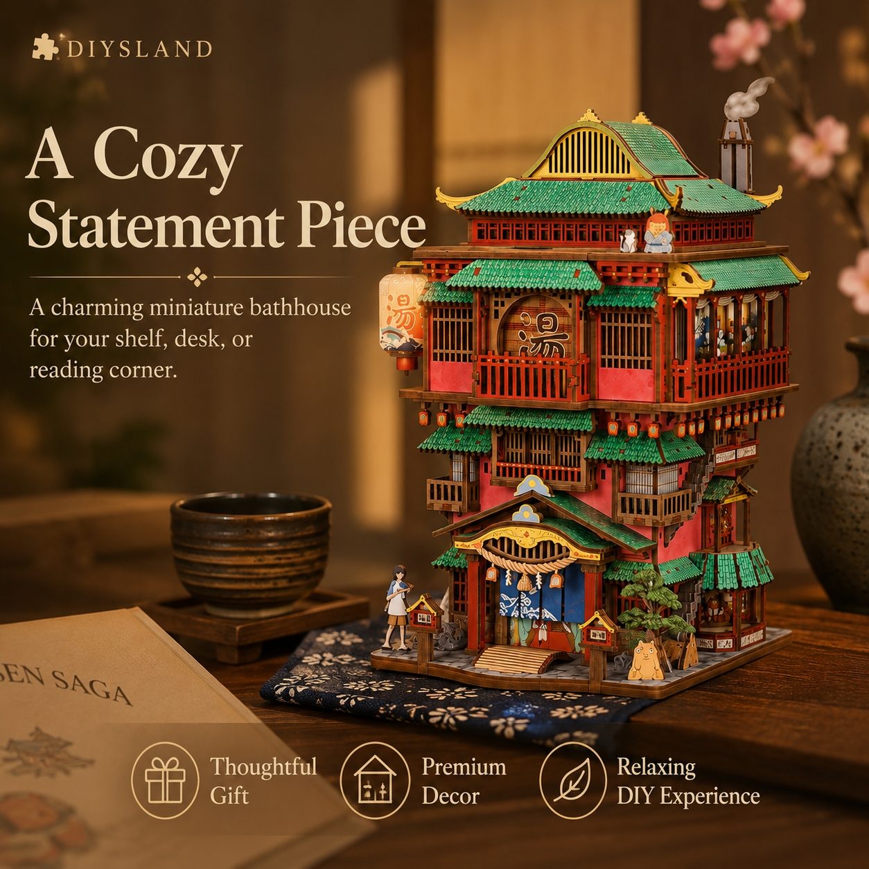 DIYSLAND wooden statement piece of a multi-tiered traditional Japanese-style bathhouse, displayed on a wooden table with a ceramic bowl, book, and soft background lighting.