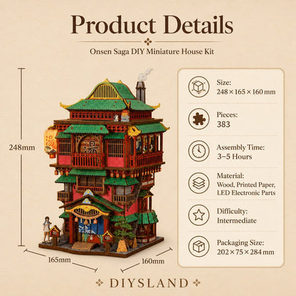Product details graphic for the Onsen Saga DIY Miniature House Kit by DIYSLAND, showing a fully assembled wooden miniature temple structure with dimensions, piece count (383), assembly time (3-5 hours), material, and packaging size on a beige background.