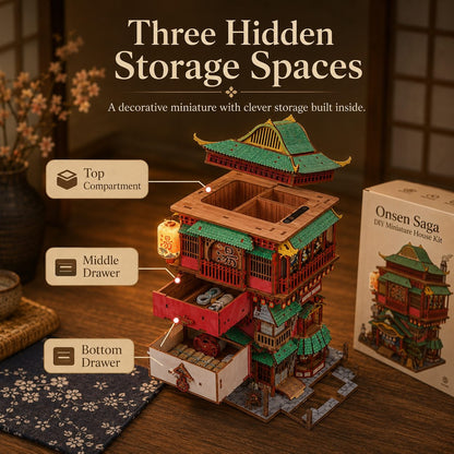 A decorative miniature tower kit labeled 'Onsen Saga DIY Miniature House Kit' shown on a wooden table with its box beside it. The main product is a red and green pagoda-style structure with labeled storage compartments: top compartment, middle drawer, and bottom drawer.