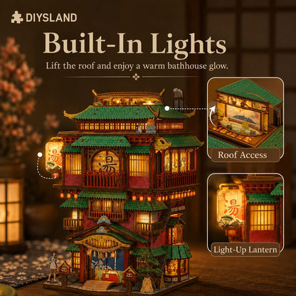 DIYSLAND Japanese-style wooden building light-up puzzle set, featuring a multi-story lantern house with glowing warm interior lights, green tiled roofs, and inset callouts showing roof access and a light-up lantern.