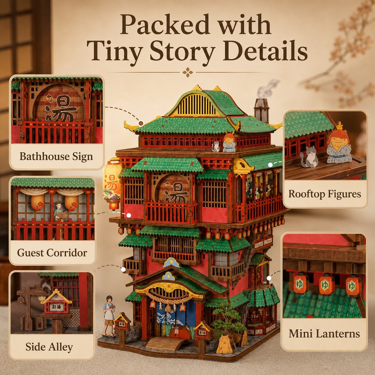A Japanese-style miniature building set shown on a beige background with promotional text reading 'Packed with Tiny Story Details' and inset callouts labeled Bathhouse Sign, Guest Corridor, Side Alley, Rooftop Figures, and Mini Lanterns.