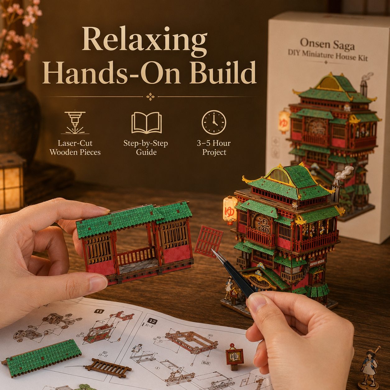 Hands assembling a red and green wooden house model kit on a wooden table, with the product box labeled 'Onsen Saga DIY Miniature House Kit' and a printed instruction sheet in the background. Promotional text reads 'Relaxing Hands-On Build' with feature icons.