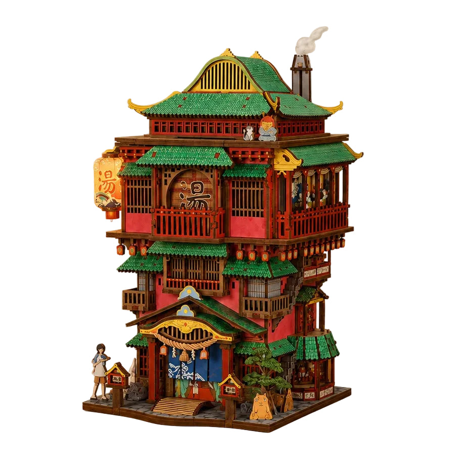A detailed 3D model of a traditional Japanese pagoda-style house, shown with dimension lines indicating 248mm height, 165mm width, and 160mm depth, alongside a feature icons panel on a beige background.