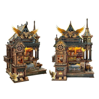Two intricately designed miniature model post offices with glowing interior lights on a white background.