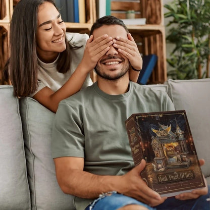 Woman covering a man's eyes with a miniature house package titled 'Owl Post Office' in a cozy living room.