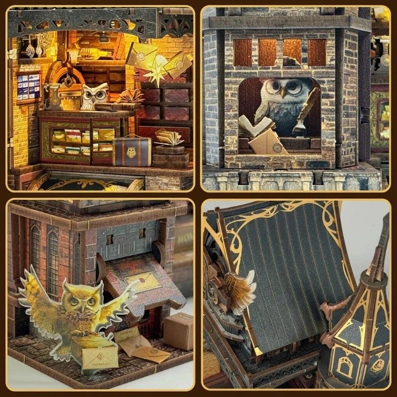 Collage of a detailed miniature house model of a magical owl post office with various elements.