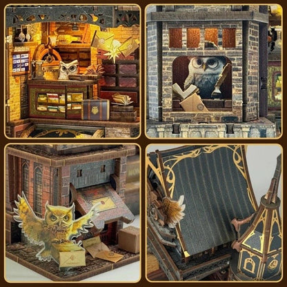 Collage of a detailed miniature house model of a magical owl post office with various elements.