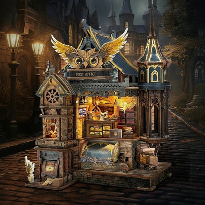 Detailed miniature house model of a fantasy post office with glowing lights and intricate design.