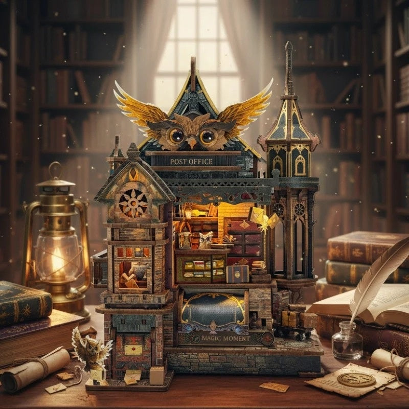 Detailed miniature house model of a post office with owl design, surrounded by books and lanterns in a cozy room.
