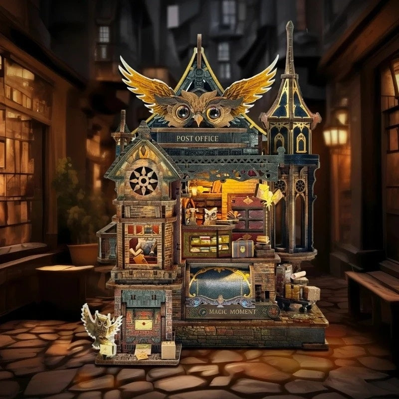 Wooden miniature house model of a magical post office with an owl on top, set in a cozy room.
