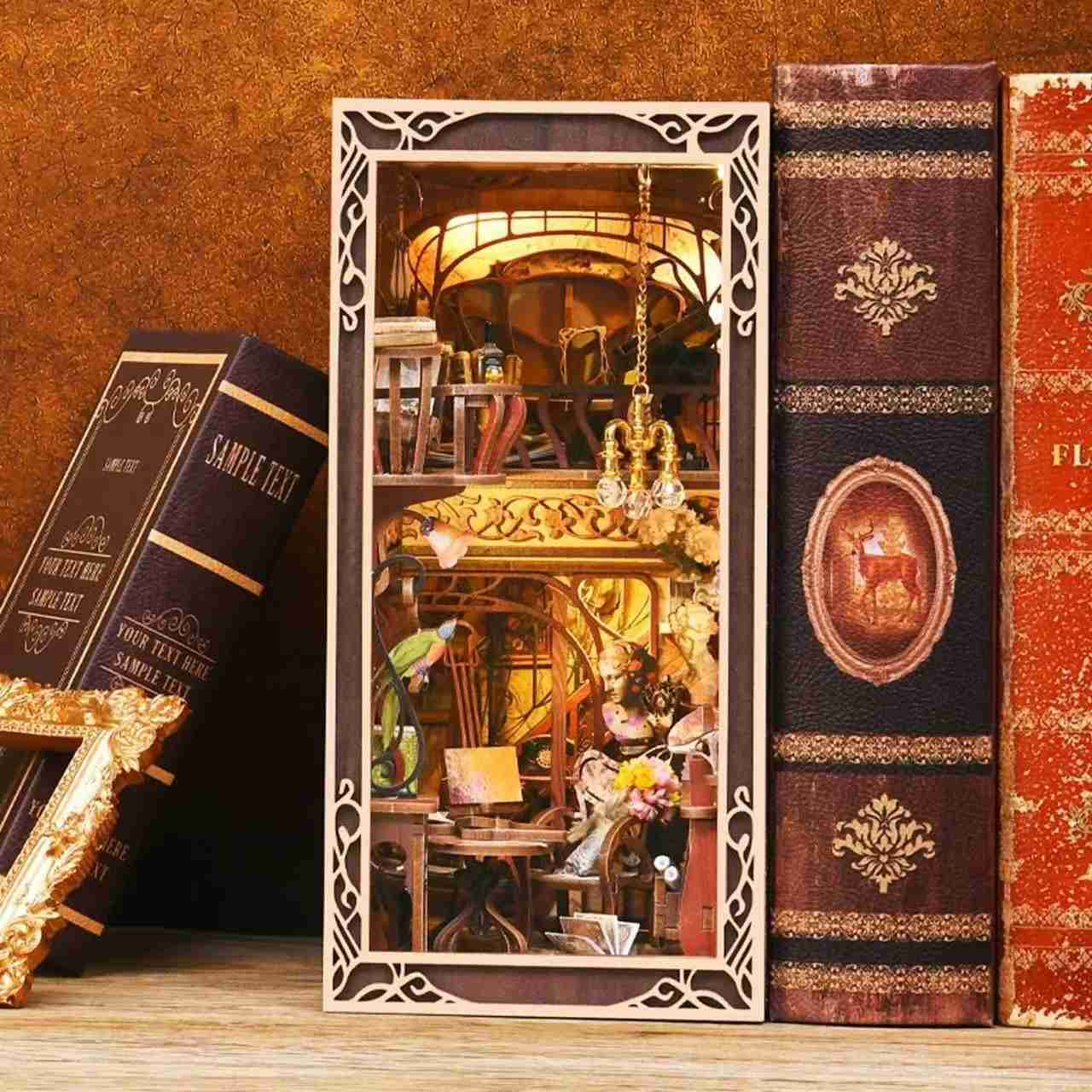Painter's Day at Dusk DIY Book Nook Kit , A charming miniature 3d wooden puzzles inspired Art Nouveau, perfect for bookshelf decor, and dollhouse collectors, or a gift for art lovers and DIY enthusiasts, front side