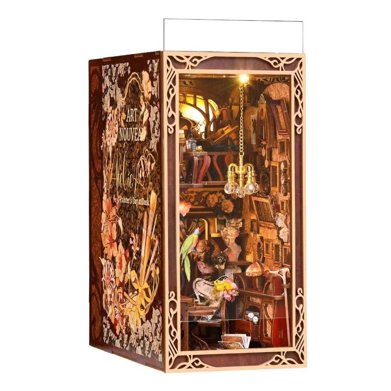 Painter's Day at Dusk DIY Book Nook Kit , A charming miniature 3d wooden puzzles inspired Art Nouveau, perfect for bookshelf decor, and dollhouse collectors, or a gift for art lovers and DIY enthusiasts, left side