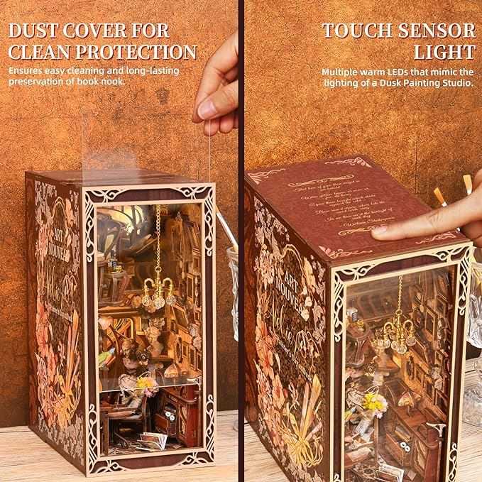 Painter's Day at Dusk DIY Book Nook Kit , A charming miniature 3d wooden puzzles inspired Art Nouveau, perfect for bookshelf decor, and dollhouse collectors, or a gift for art lovers and DIY enthusiasts, touch switch and dust cover
