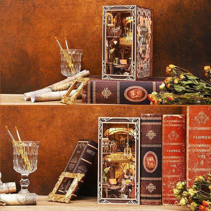 Painter's Day at Dusk DIY Book Nook Kit , A charming miniature 3d wooden puzzles inspired Art Nouveau, perfect for bookshelf decor, and dollhouse collectors, or a gift for art lovers and DIY enthusiasts, home decor