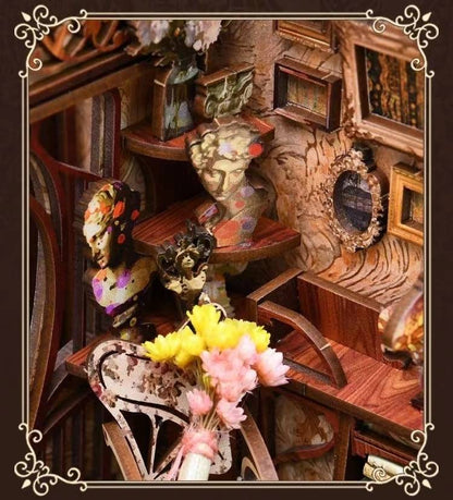 Painter's Day at Dusk DIY Book Nook Kit , A charming miniature 3d wooden puzzles inspired Art Nouveau, perfect for bookshelf decor, and dollhouse collectors, or a gift for art lovers and DIY enthusiasts, scene 1