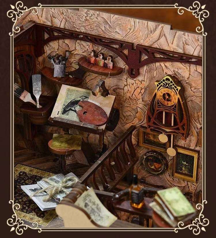 Painter's Day at Dusk DIY Book Nook Kit , A charming miniature 3d wooden puzzles inspired Art Nouveau, perfect for bookshelf decor, and dollhouse collectors, or a gift for art lovers and DIY enthusiasts, scene 2