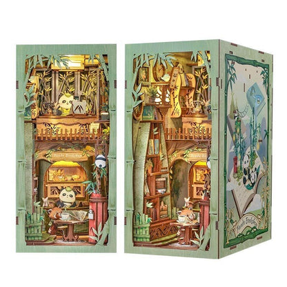 image showing the front and side angle views of the Panda Bookshop DIY Book Nook Kit