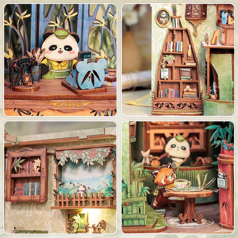 miniature scenes display of the finished Panda Book Shop DIY book nook kit