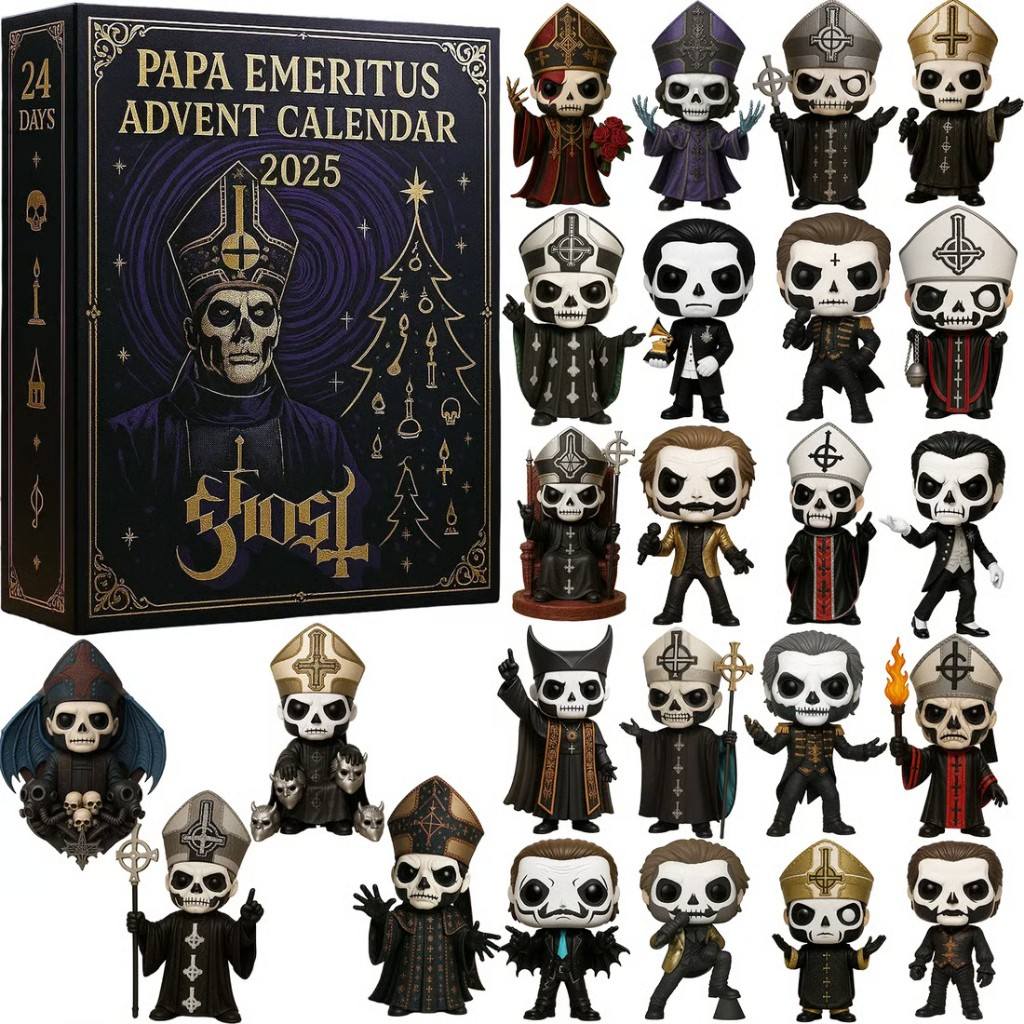 Papa Emeritus Advent Calendar 2025 with figurines of a skeleton in various poses and outfits.