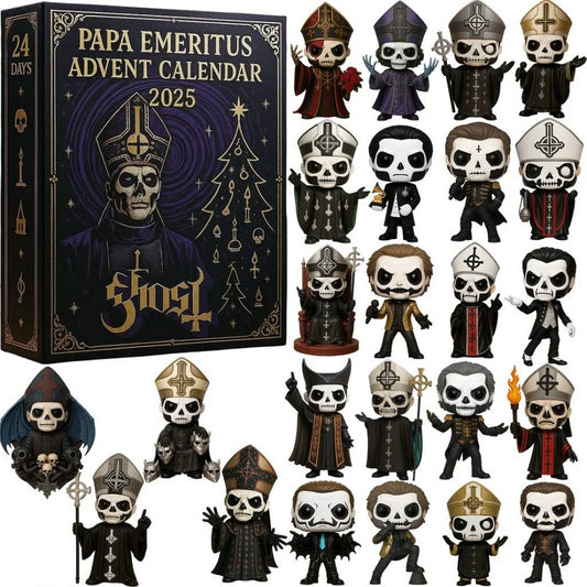 Papa Emeritus Advent Calendar 2025 with figurines of a skeleton in various poses and outfits.