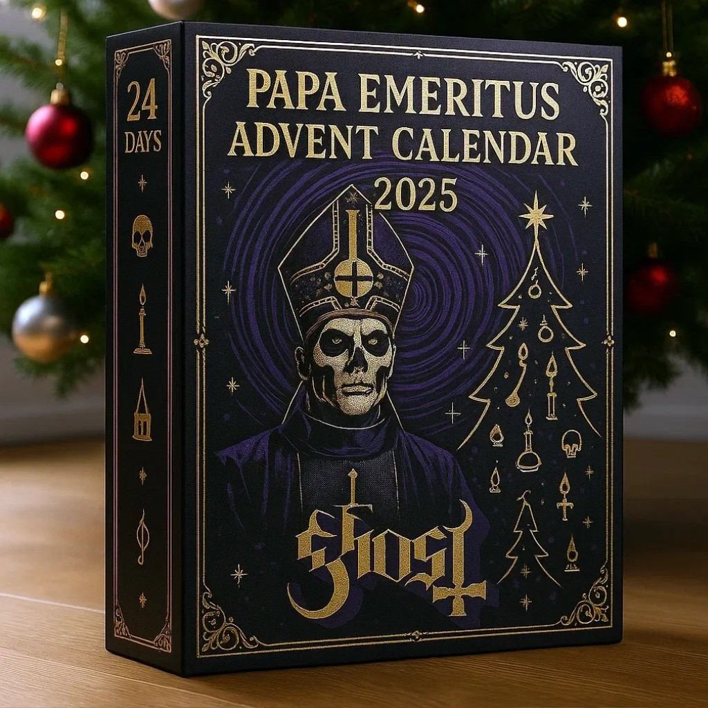 Papa Emeritus Advent Calendar 2025 with decorative design and 'Ghost' branding.