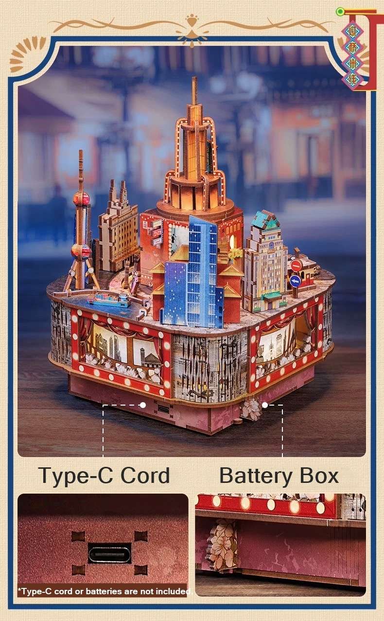 image displaying the dual power options of Paramount Ballroom DIY Music Box 3D Puzzle Kit
