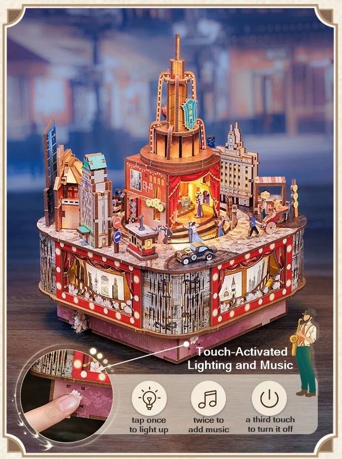 image displaying the touch-activated lighting and music function of Paramount Ballroom DIY Music Box 3D Puzzle Kit