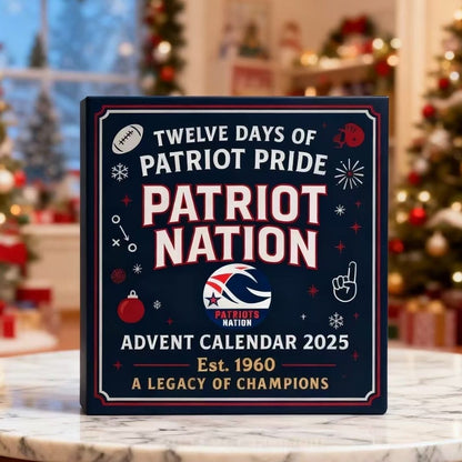 Advent calendar with 'Twelve Days of Patriot Pride' branding on a marble surface with Christmas decorations in the background.