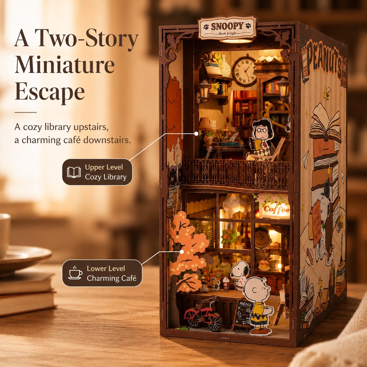 Two-story miniature escape with Snoopy and Peanuts characters, labeled 'Cozy Library' and 'Charming Cafe'.