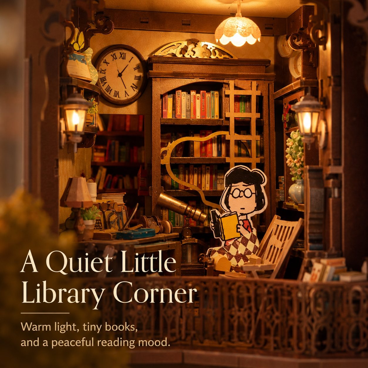 Cozy library corner miniature scene with books, a clock, and a character reading a book.