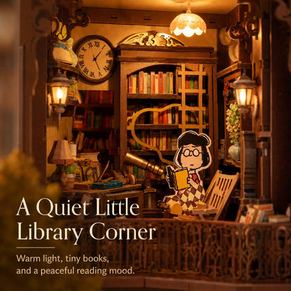 Cozy library corner miniature scene with books, a clock, and a character reading a book.