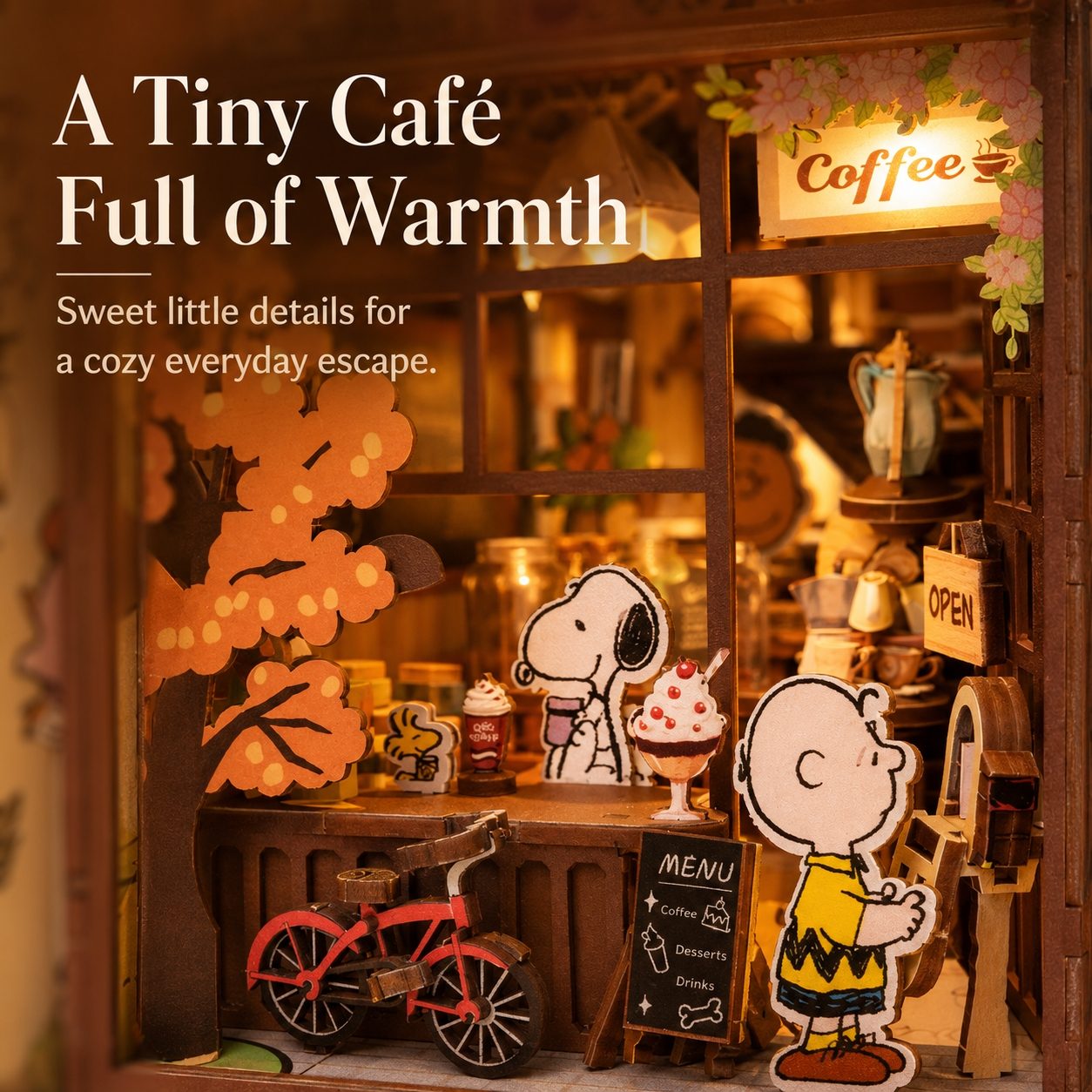 Miniature model of a cafe with Snoopy and Charlie Brown, featuring warm lighting and cozy details.