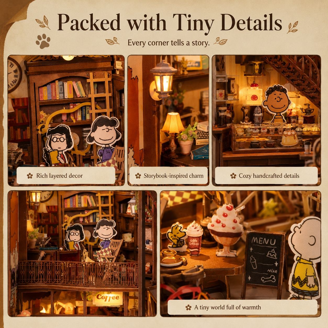 Miniature model of Peanuts cozy cafe with detailed decor, featuring cartoon characters.