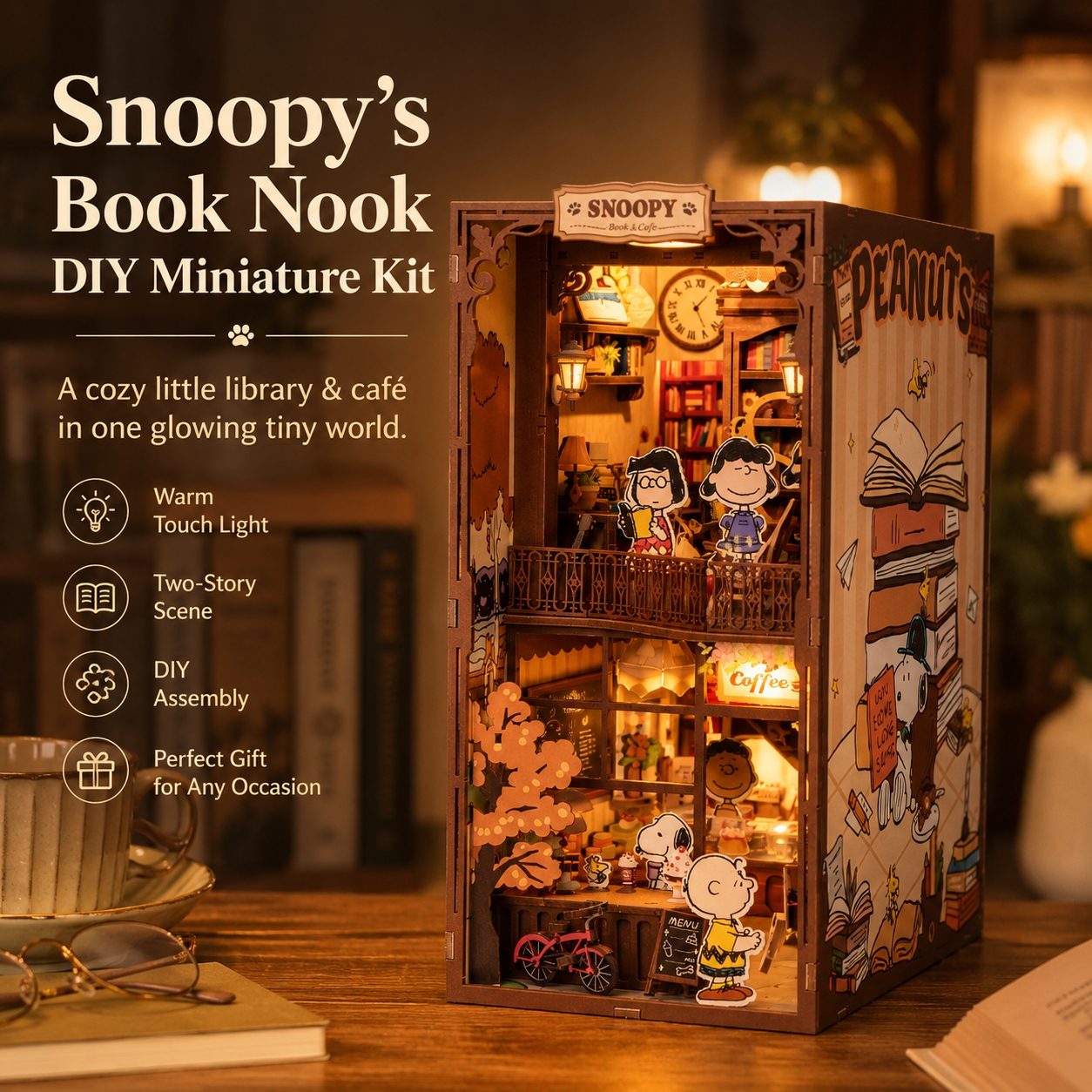 Snoopy's Book Nook DIY miniature kit with Peanuts characters and cozy interior.