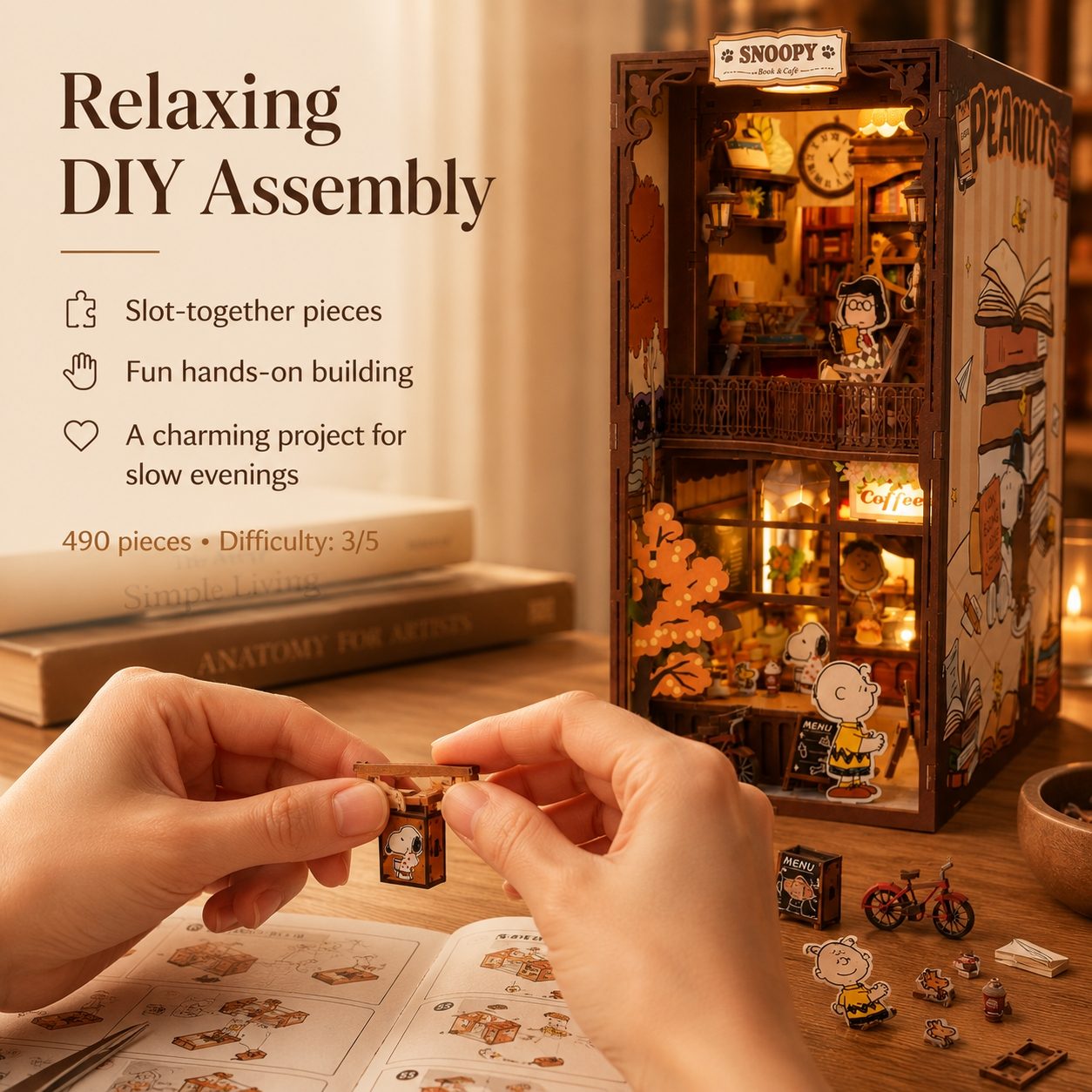 DIY assembly kit with Snoopy theme, hands assembling pieces, and product details.