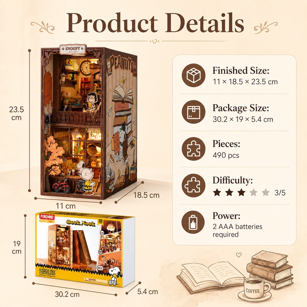 Product details of a wooden bookshelf model with dimensions, packaging, and assembly information.