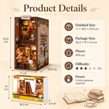 Product details of a wooden bookshelf model with dimensions, packaging, and assembly information.