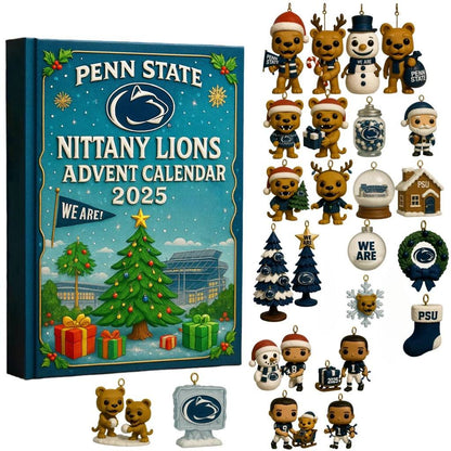 Penn State Nittany Lions Advent Calendar 2025 with various ornaments on a white background
