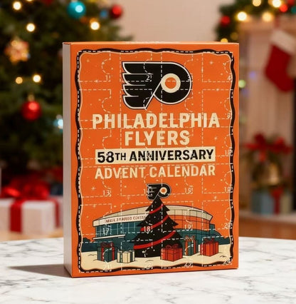 Philadelphia Flyers 58th Anniversary Advent Calendar on a table with a festive background