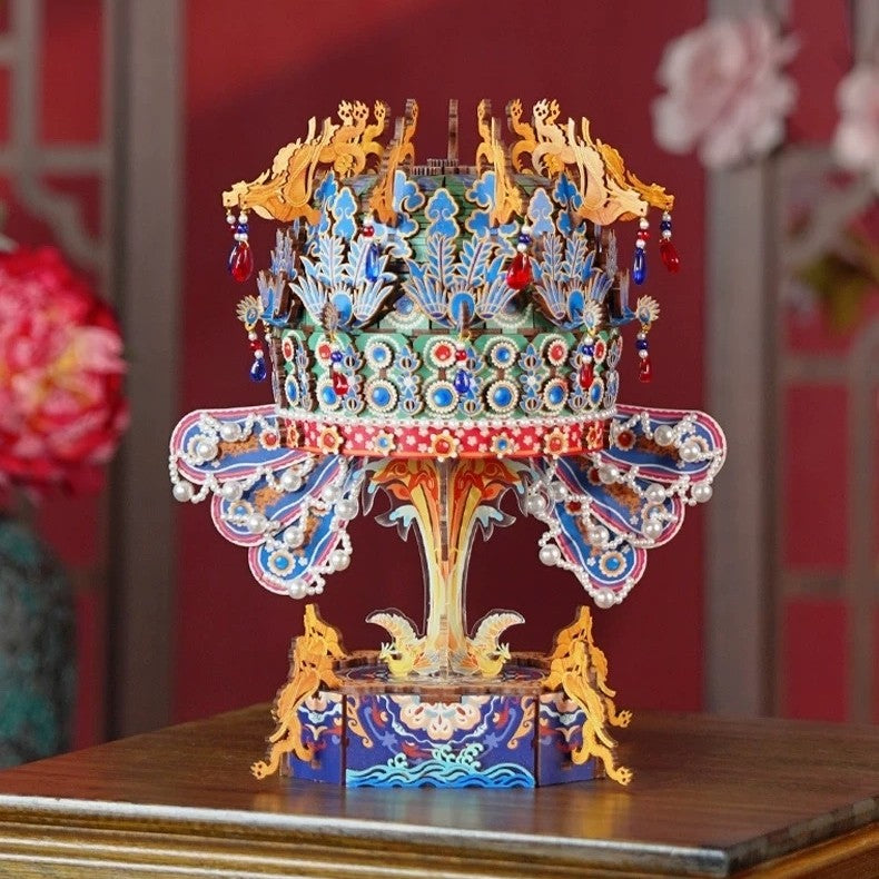 Elegant Phoenix Crown Music Box 3D Wooden Puzzle inspired by Empress Xiaojing's crown, showcasing intricate craftsmanship and royal design.