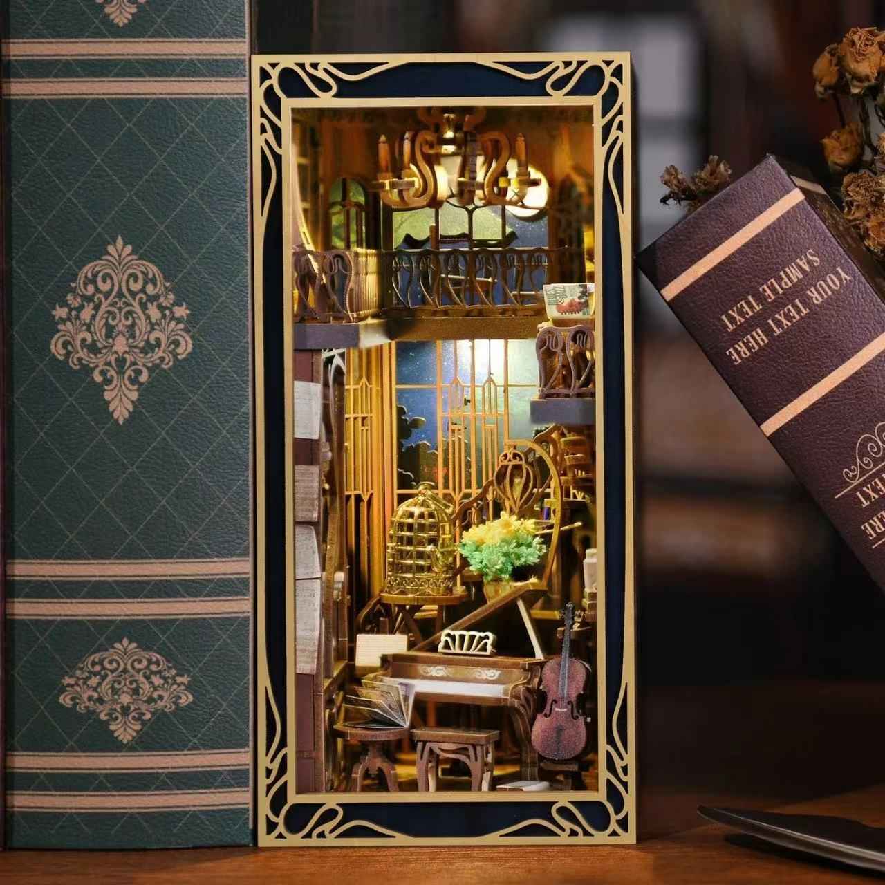 Pianist With Nightingale DIY Book Nook kit inspired by the captivating era of the Art Nouveau movement. perfect for DIY crafting enthusiasts and dollhouse collectors alike. Ideal for bookshelf decor of gift for music or history overs. front side