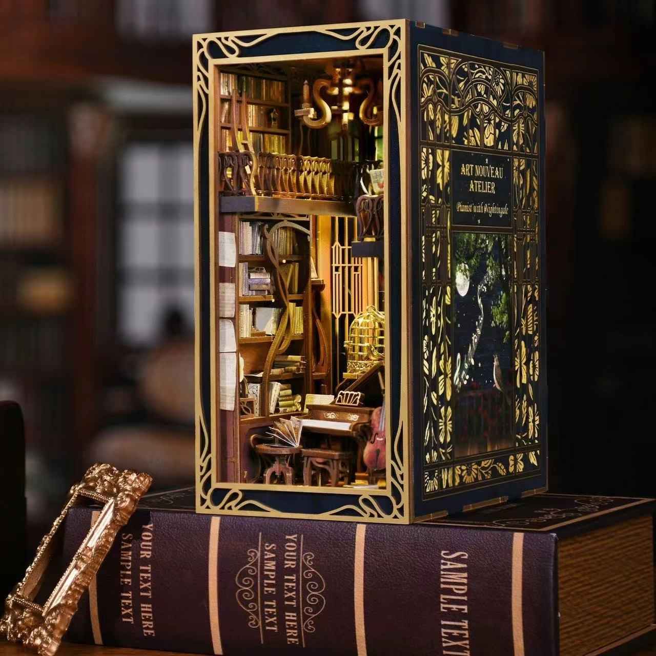 Pianist With Nightingale DIY Book Nook kit inspired by the captivating era of the Art Nouveau movement. perfect for DIY crafting enthusiasts and dollhouse collectors alike. Ideal for bookshelf decor of gift for music or history overs.