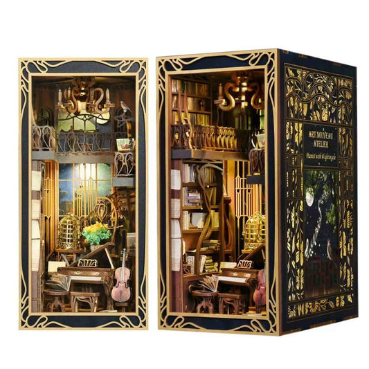 Pianist With Nightingale DIY Book Nook kit inspired by the captivating era of the Art Nouveau movement. perfect for DIY crafting enthusiasts and dollhouse collectors alike. Ideal for bookshelf decor of gift for music or history overs. - right angle