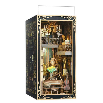 Pianist With Nightingale DIY Book Nook kit inspired by the captivating era of the Art Nouveau movement. perfect for DIY crafting enthusiasts and dollhouse collectors alike. Ideal for bookshelf decor of gift for music or history overs. left angle