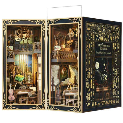 Pianist With Nightingale DIY Book Nook kit inspired by the captivating era of the Art Nouveau movement. perfect for DIY crafting enthusiasts and dollhouse collectors alike. Ideal for bookshelf decor of gift for music or history overs. right angle with dust cover