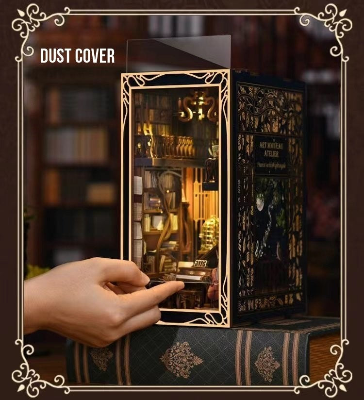 Pianist With Nightingale DIY Book Nook kit inspired by the captivating era of the Art Nouveau movement. perfect for DIY crafting enthusiasts and dollhouse collectors alike. Ideal for bookshelf decor of gift for music or history overs. - dust cover included