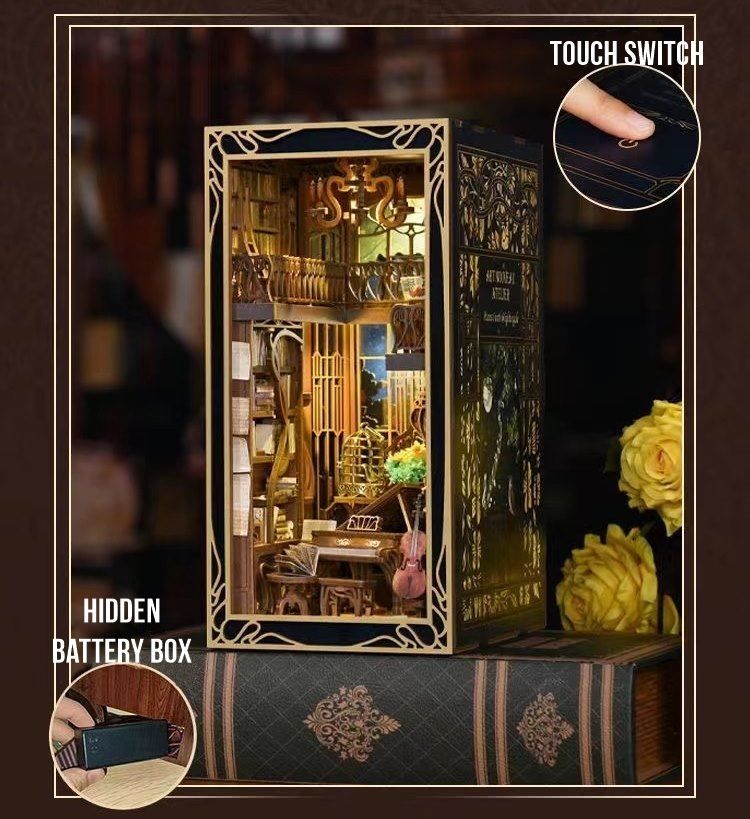 Pianist With Nightingale DIY Book Nook kit inspired by the captivating era of the Art Nouveau movement. perfect for DIY crafting enthusiasts and dollhouse collectors alike. Ideal for bookshelf decor of gift for music or history overs. Touch switch for warm light
