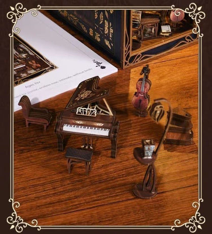 Pianist With Nightingale DIY Book Nook kit inspired by the captivating era of the Art Nouveau movement. perfect for DIY crafting enthusiasts and dollhouse collectors alike. Ideal for bookshelf decor of gift for music or history overs. authentic miniature music instruments